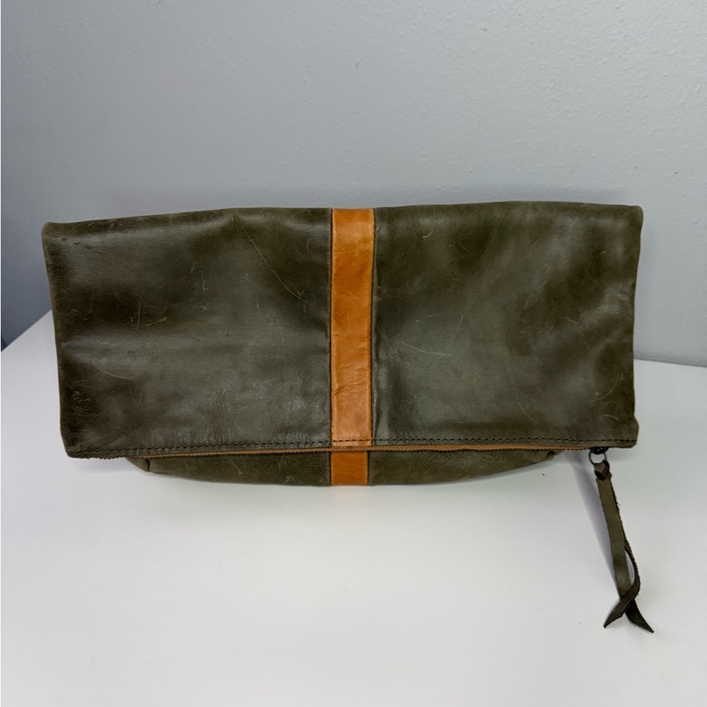 Able Olive and Tan Leather fold over clutch bag